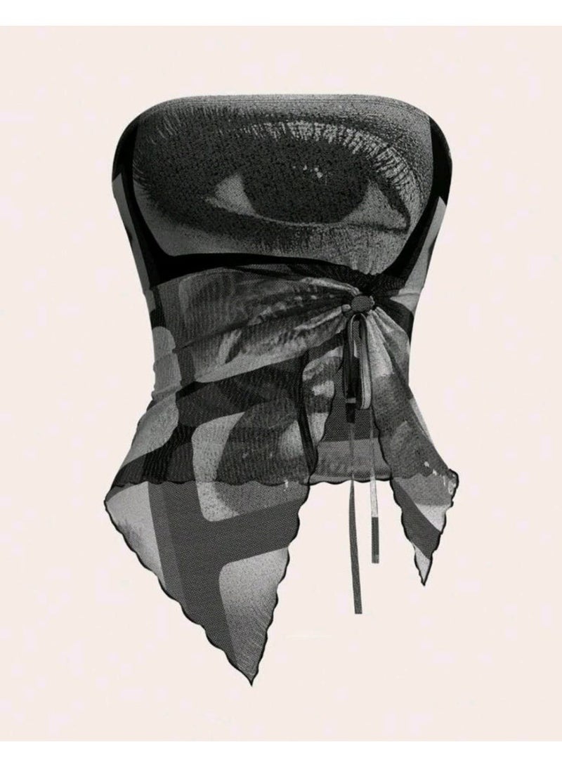 SHEIN ICON Strapless Mesh Eye Print Decorated Floral Trim Casual Vacation Top - Image 1